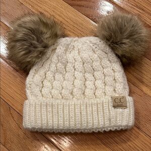 C.C Kids Cream Beanie with Brown Pom-Poms